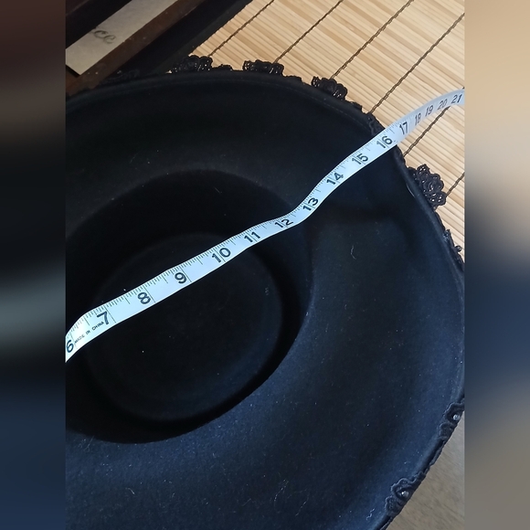 1950 UNION MADE BLACK Sunbrero CLOCHE Wide Brim Wool CROWN Lace Detail One Size - Picture 10 of 10